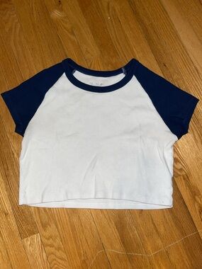 Harlow White and Navy Raglan Crop Tee